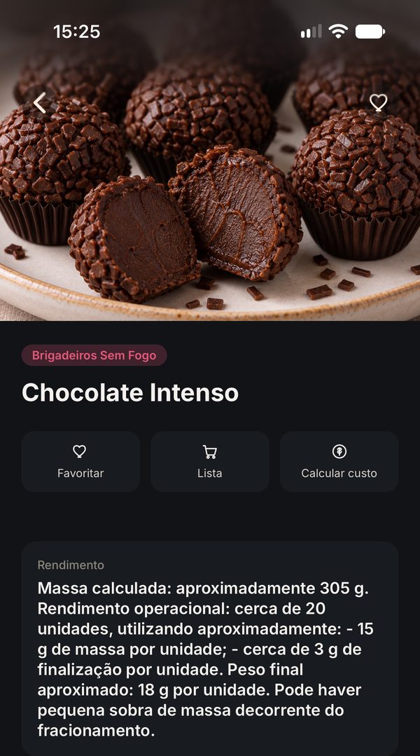 Tela da receita Chocolate Intenso no app, com rendimento e validade