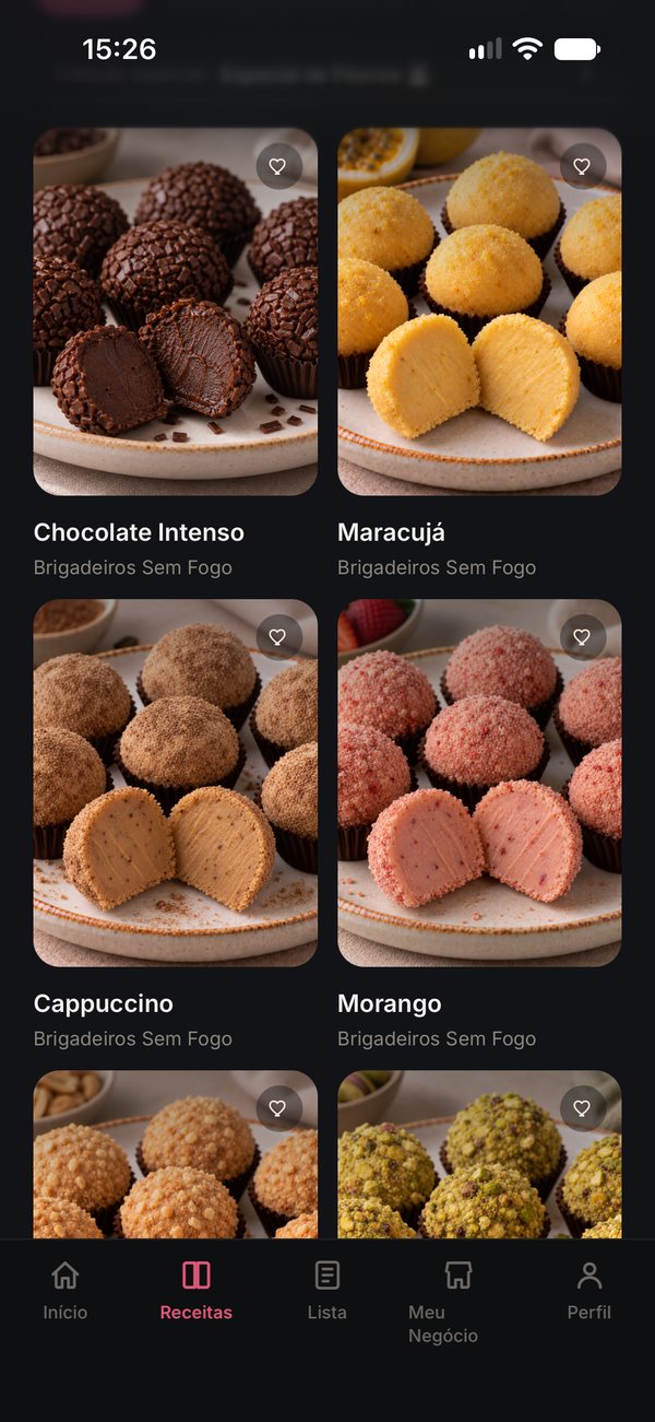 Tela de receitas do app Doceira Club