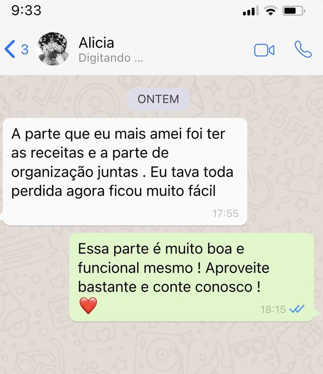 Mensagem da Alicia: amei ter as receitas e a organização juntas, eu tava perdida e agora ficou muito fácil